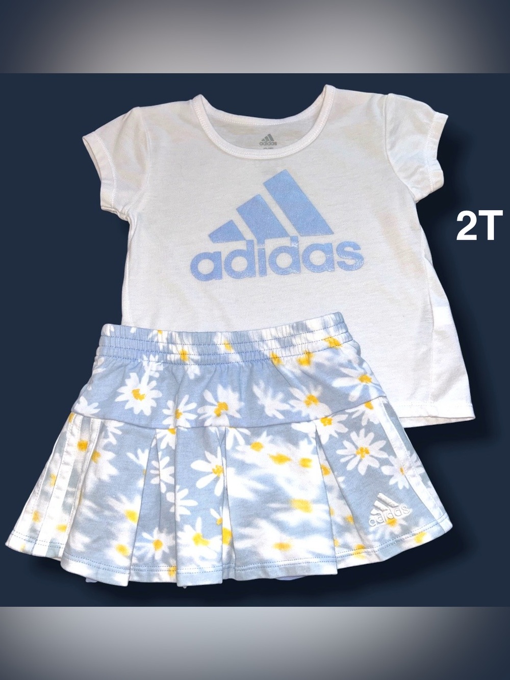 adidas White Tee with Light Blue Logo & Light Blue Daisy Pleated Skirt Set Sz 2T